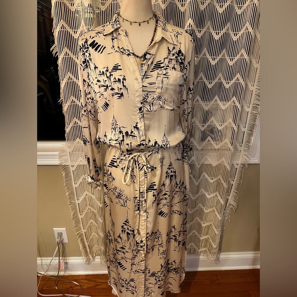 Beige and Black Patterned Shirt Dress